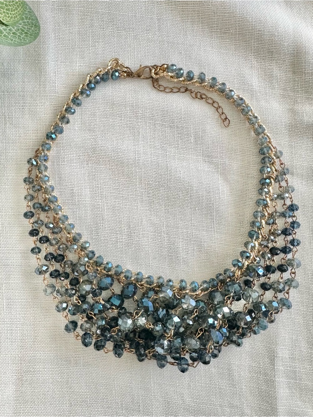 Vintage gold-toned blue crystal beaded statement necklace